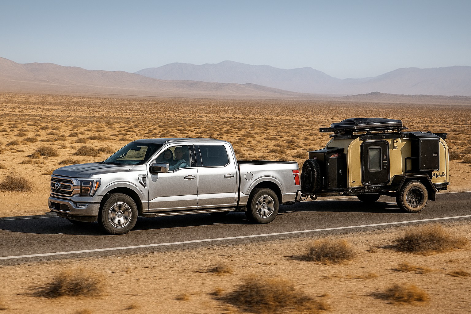 Camioneta remolcando 4KAMP por carretera desértica.